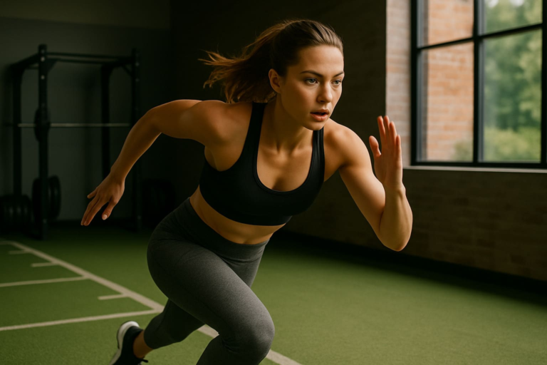 Kobieta w stroju sportowym wykonuje dynamiczny sprint na zielonym torze w siłowni, podczas treningu rozwój szybkości Tczew w PB Studio.