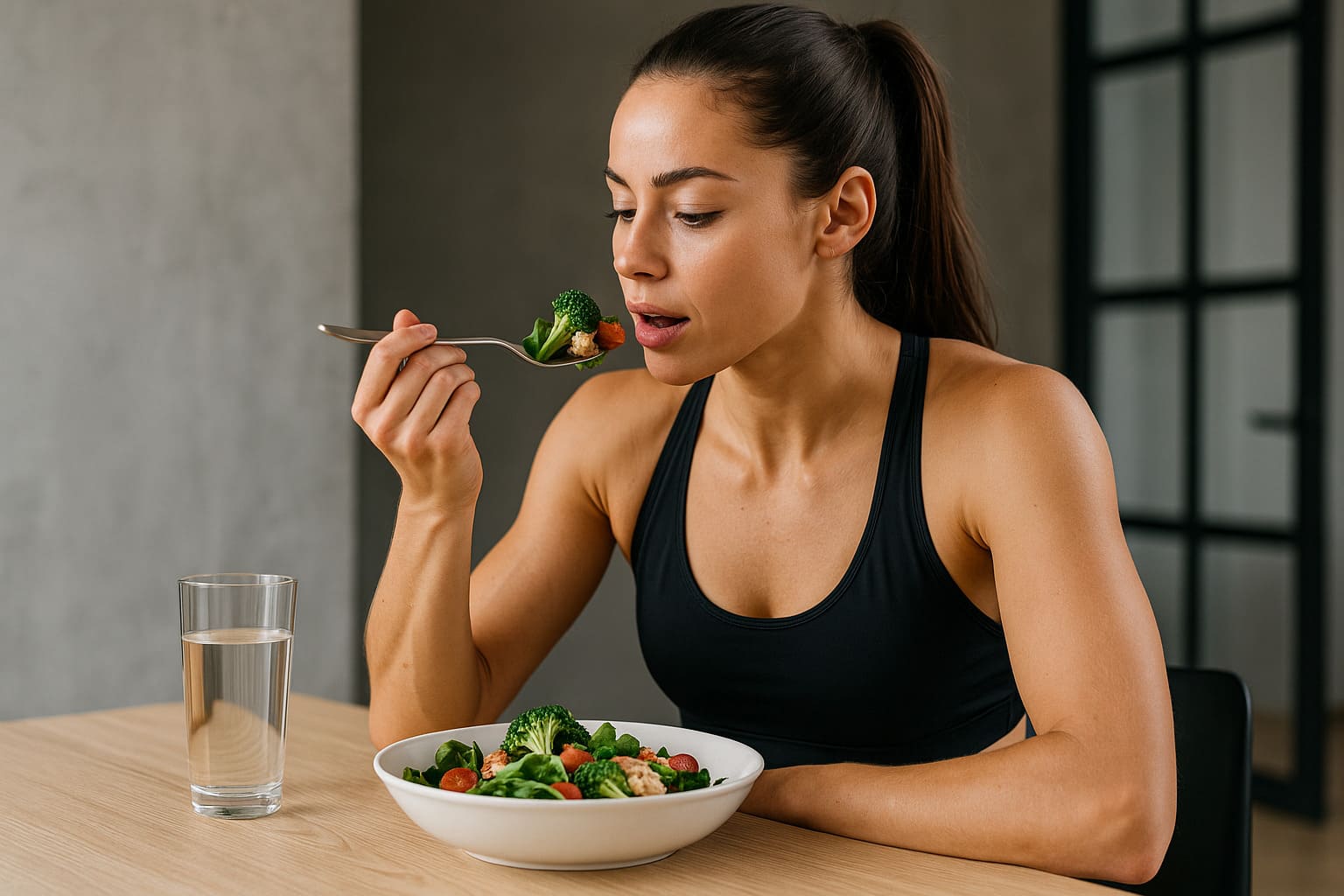 Uśmiechnięta, wysportowana kobieta w sportowym stroju przygotowuje posiłek z warzyw w nowoczesnej kuchni – dietetyka sportowa Tczew.