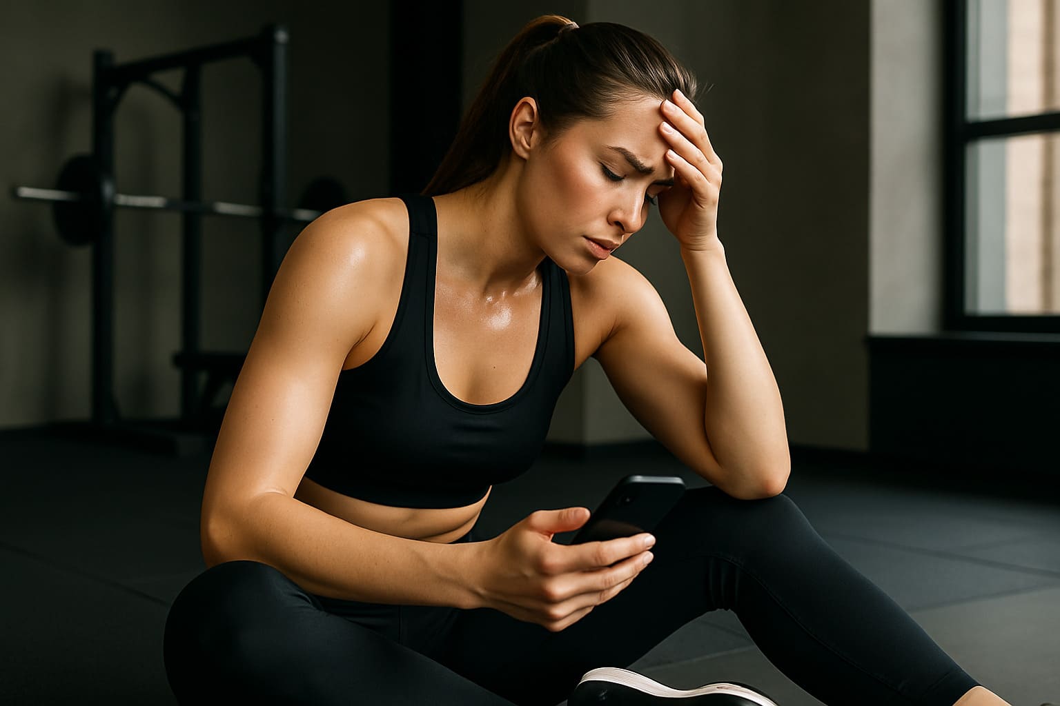 Kobieta po intensywnym treningu siedzi na podłodze w PB Studio, trzyma telefon i wygląda na zmęczoną – Pomiar zmęczenia w PB Studio.