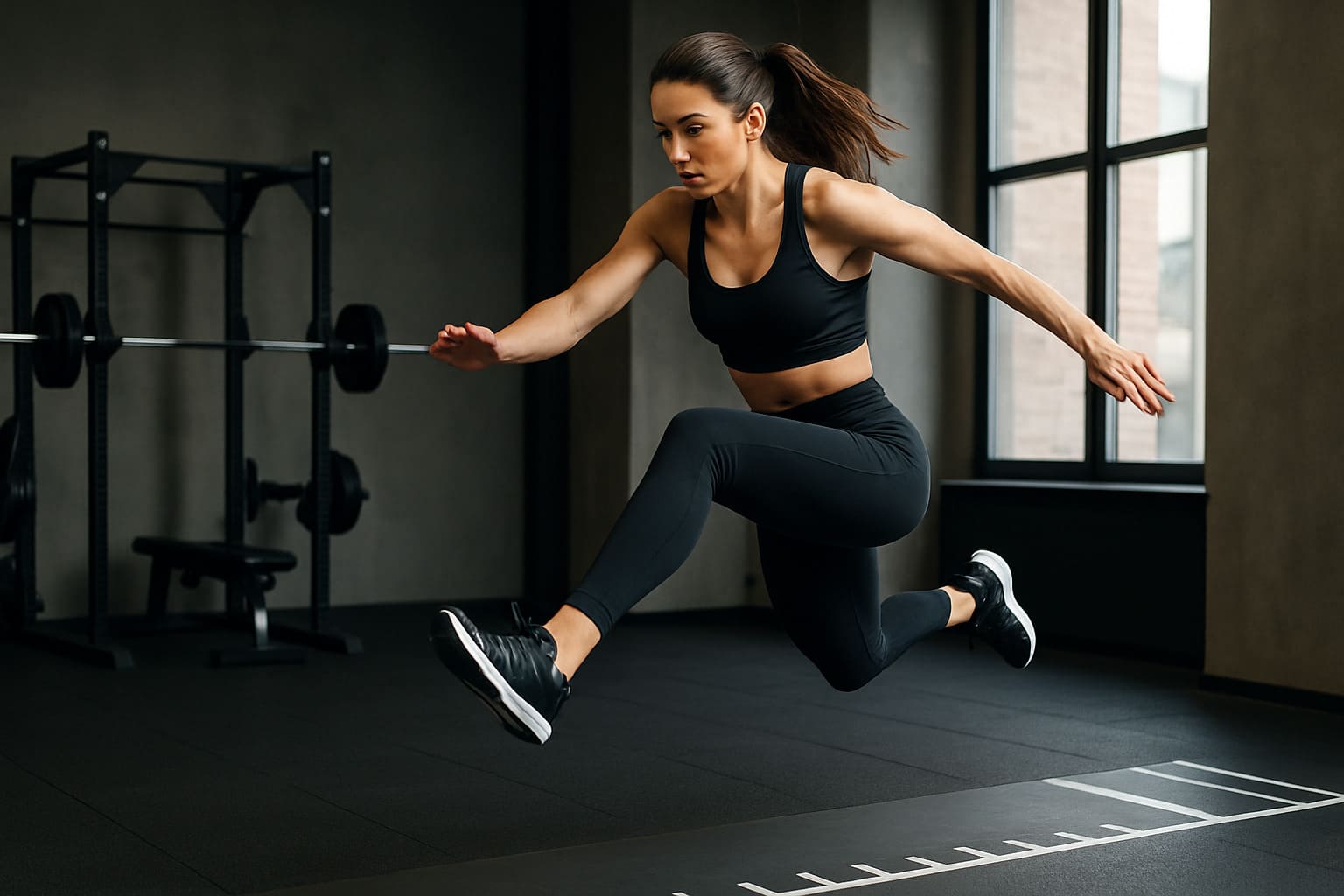 Kobieta w sportowym stroju wykonuje dynamiczny skok w dal w nowoczesnym studio treningowym, obrazując długoterminowy rozwój sportowca PB Studio.